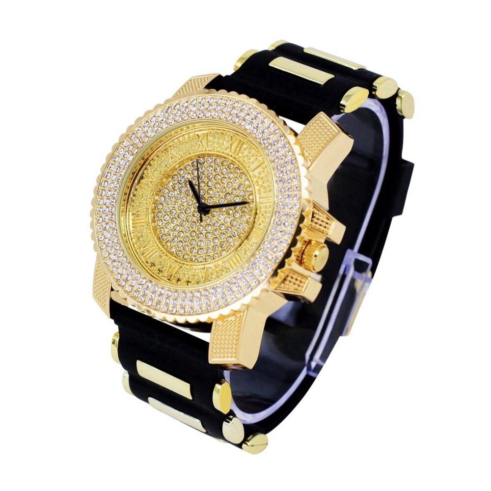 Techno Pave Watch Gold Tone Rhinestone Roman Numeral Black Rubber Band Bling